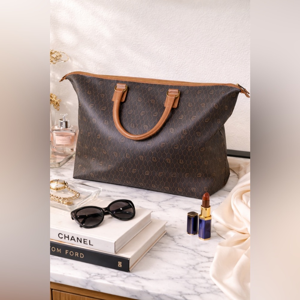 Christian Dior Vintage Honeycomb Weekender Brown Leather Travel Bag